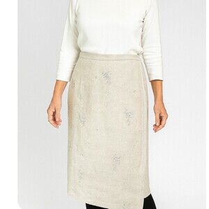 Vintage Talbots Linen Wrap Skirt Midi Women's Beige Embroidered Flowers SZ 12